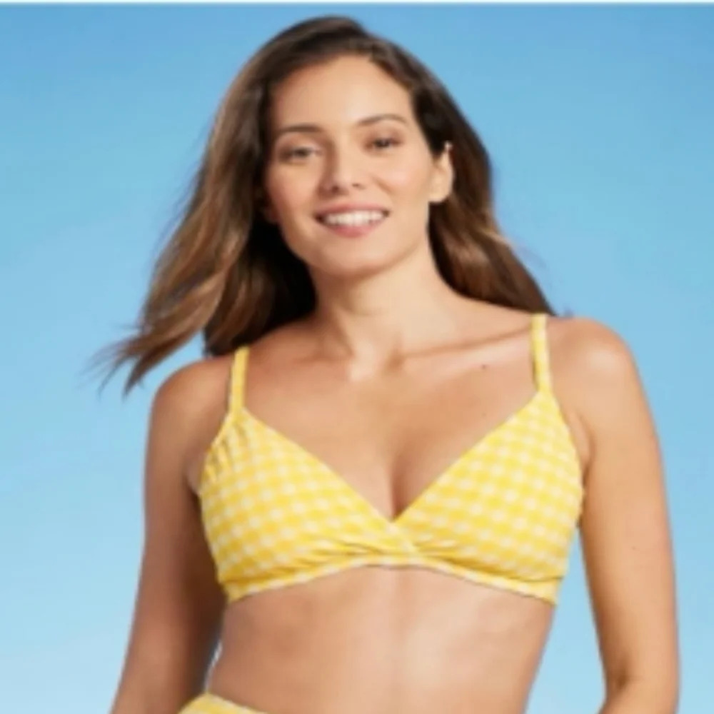 NWT Kona Sol Women's Textured Gingham Triangle Yellow Bikini Top L 12-14